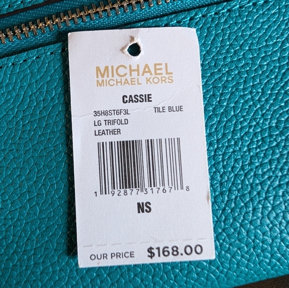 Michael Kors Cassie Trifold Tile Blue Wallet (New) - Picture 8 of 9